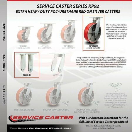 Service Caster 12'' Heavy Duty Red Poly on Cast Iron Wheel Caster Set 2 Swivel 2 Rigid, 4PK CRAN-SCC-KP92S1230-PUR-RS-2-R-2